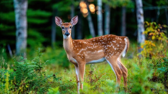 A young deer stands amidst lush foliage.
