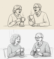 Elderly couple enjoying tea and laughing together at a table  