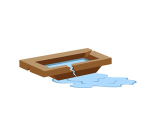 Broken trough. Water is flowing out. Vector color illustration.
