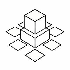 Obraz premium Cube on a podium among flat squares. Single-line perspective emphasizing market leadership