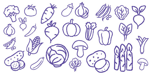 Vibrant hand-drawn veggie doodle set featuring trendy organic icons in a playful sketch style—perfect for eco-friendly designs, health food branding, or modern farm-to-table visuals.
