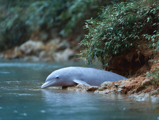 Serene scene of a dolphin resting near a lush riverbank, embodying tranquility, peace, and the beauty of wildlife. Ideal for nature, conservation, or travel themes.