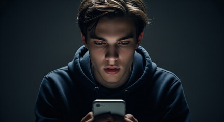 Young man in dark hoodie, intensely focused on smartphone screen, low-lit setting, conveying concentration or preoccupation, suitable for technology, social media, or communication themes