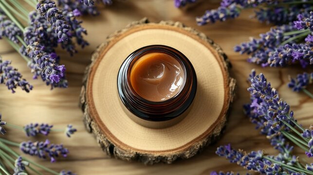 Yar with aromatic oil on a wooden stand surrounded by lavender. Useful for articles on natural cosmetics and aromatherapy.