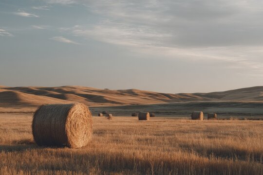 Hay bales sit in a golden field under a soft sky.