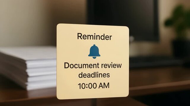 A virtual sticky note pops up with a reminder for document review deadlines at 10:00 AM. Concept of time management alert and task prioritization.