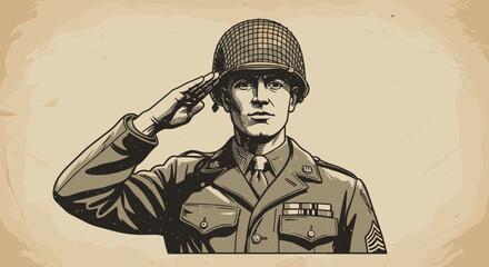 Soldier saluting with military uniform and helmet in vintage style  