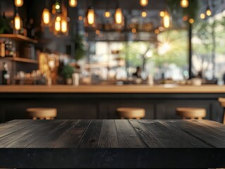 Black Wooden Table in Blurred Restaurant Background with Warm Lights