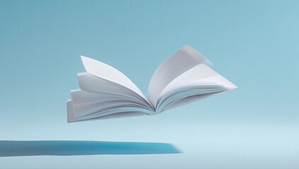Open book levitating against light blue backdrop