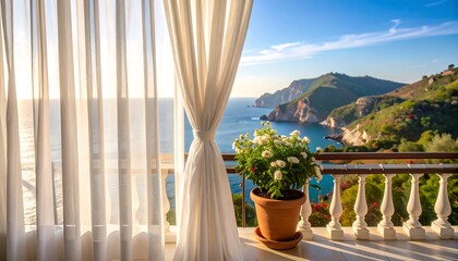 Scenic balcony view through sheer curtains