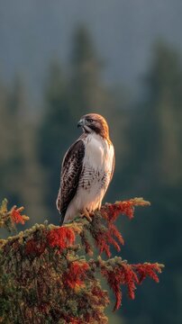 Red-tailed hawk perched atop a conifer branch.