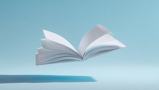 Open book levitating against light blue backdrop