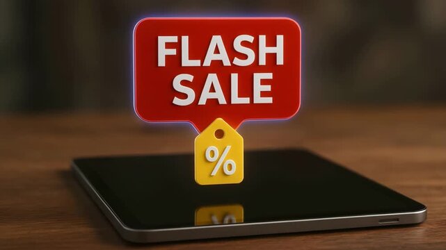 A bright flash sale tag and percent icon pop above a smartphone on a table. Concept of limited offer marketing and mobile commerce urgency.

