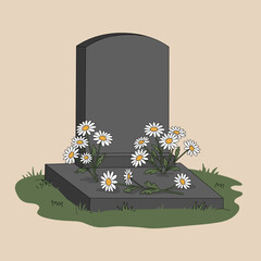Black gravestone with daisies growing around it on grassy soil, All Saints' Day 