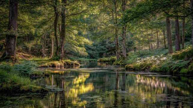 Serene woodland stream reflecting a canopy of trees.