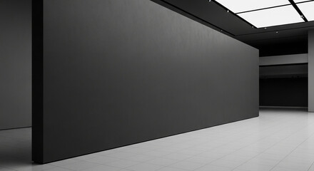 Large dark gray wall in a minimalist gallery, showcasing blank space ideal for art display or advertisement Mockup, clean lines, simple background