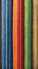 Colorful woven fabric stripes close up with white stitching detail