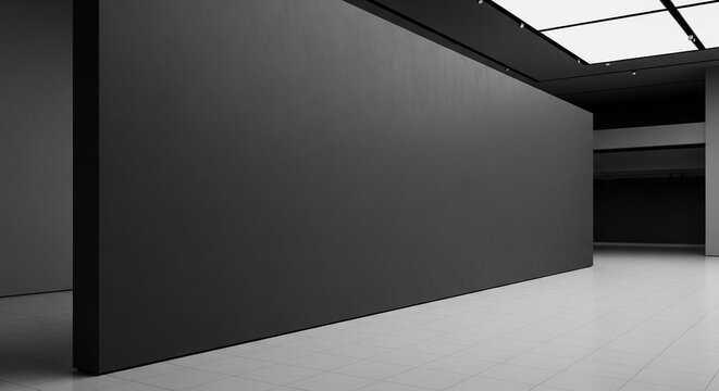 Large dark gray wall in a minimalist gallery, showcasing blank space ideal for art display or advertisement Mockup, clean lines, simple background