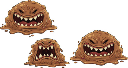 Cartoon mud monster with sharp teeth, angry slime creature illustration, scary goo monster vector, fantasy character design, creepy brown blob © Creative Asif