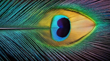 Macro photography of a single peacock feather, iridescent eye pattern
