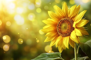 Naklejka premium Illustrative sunflower bloom, depicted in a vibrant yellow hue with a hint of green from the background, basking under warm sunlight rays that add depth and atmosphere.