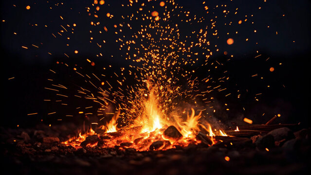 Burning flames of a campfire erupting with sparks at night against a dark background