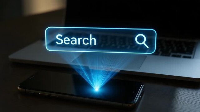 A blue search bar with magnifier icon beams upward from a smartphone beside a laptop. Concept of mobile query interface and digital information lookup.
