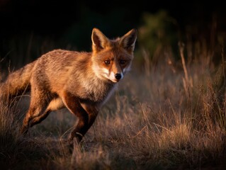 A reddish fox in motion through tall grass.