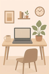 Ai Generated:Minimalist Home Office with Wooden Desk, Laptop, and Decor Elements
