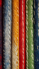 Close-up of vibrant woven fabric with colorful stripes and stitching