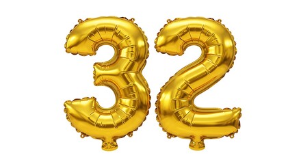 Golden balloons number 32 on white background