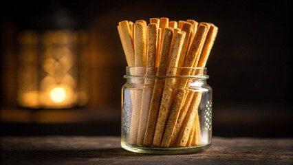 Crispy and delicious breadsticks in a jar with soft candlelight background