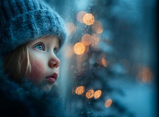 A child gazes out a frosted window, mesmerized by the glowing Christmas lights outside.
