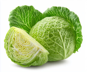 Fototapeta premium Close-Up of Fresh Whole Green Cabbage and Sliced Half on White Background