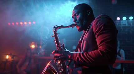 male saxophone player performing on stage in dimly lit bar with colorful concert lights and atmospheric smoke. use in music event posters, album covers, nightlife promotions or jazz culture articles