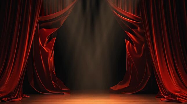 Classic red curtain hanging on stage, dramatic and elegant background often seen in theaters or cinemas. scene evokes anticipation, tradition and artistic atmosphere