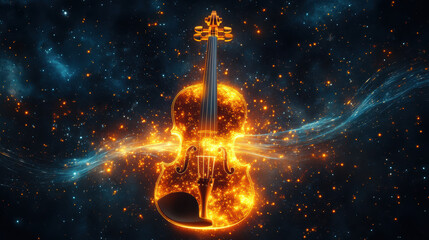Fiery Violin in a Cosmic Nebula Glowing String Instrument in a Starry Night Sky