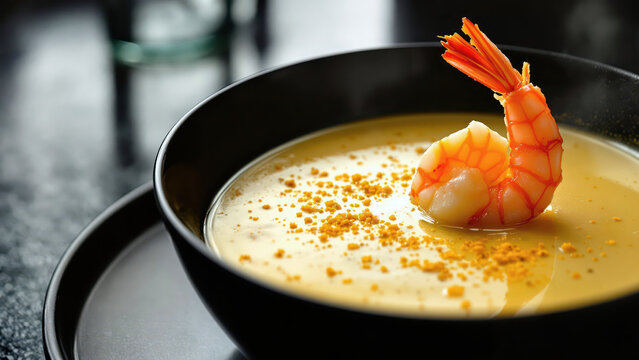 A dramatic macro shot of seafood bisque with a single shrimp peeking out.