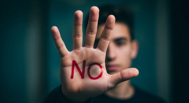 Close-up of hand with "NO" written on palm, symbolizing refusal, protest, or boundary setting.  Strong visual for social issues campaigns.
