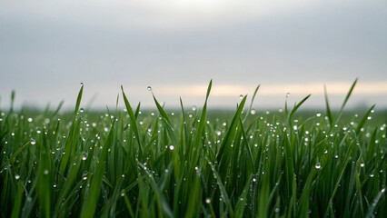 Fresh green grass blades covered in tiny water droplets under cloudy sky