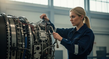 Professional female aircraft mechanic using specialized tools for maintenance on a large jet engine in an aircraft hangar, showcasing expertise in aviation technology