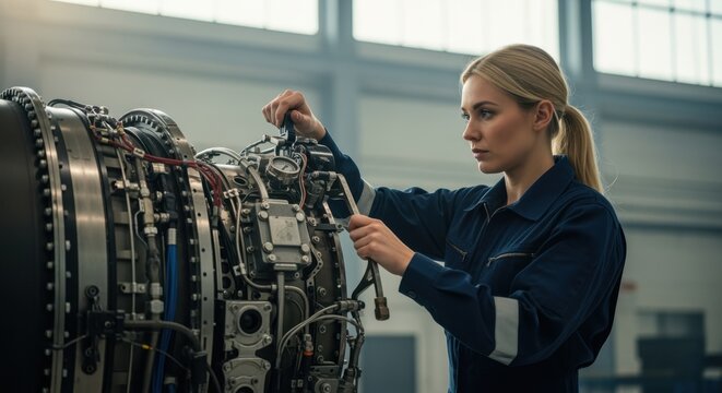 Professional female aircraft mechanic using specialized tools for maintenance on a large jet engine in an aircraft hangar, showcasing expertise in aviation technology