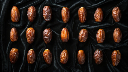 Fresh organic dates arranged neatly against a luxurious black velvet fabric background