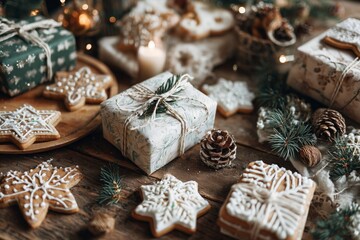 Christmas cookies, pine branches, and wrapped gifts arranged on a wooden table in soft light