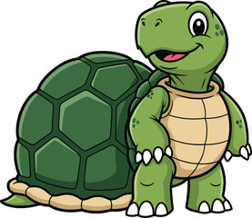 Happy cartoon turtle character, cute green tortoise illustration, smiling animal drawing, friendly reptile mascot, wildlife vector art, adorable shelled creature