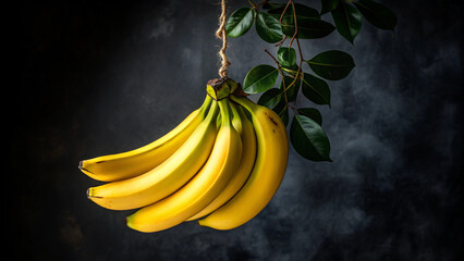 Freshly harvested bunch of ripe bananas hanging with leaves on a dark background