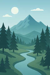 Fototapeta premium minimalist landscape, stylized nature, winding river, evergreen forest, mountain peaks, serene scene, natural beauty, forest illustration, river flow, scenic view, tranquil nature, blue and green tone