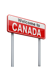 Red and White Border Sign Saying Welcome to Canada with Dual Poles Isolated on PNG Background.