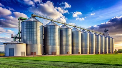 Modern Agricultural Silos at Sunset Reflecting Golden Light on a Lush Green Field