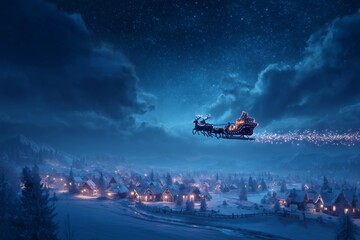 A magical sleigh flying over a snowy village at night under a star-filled sky